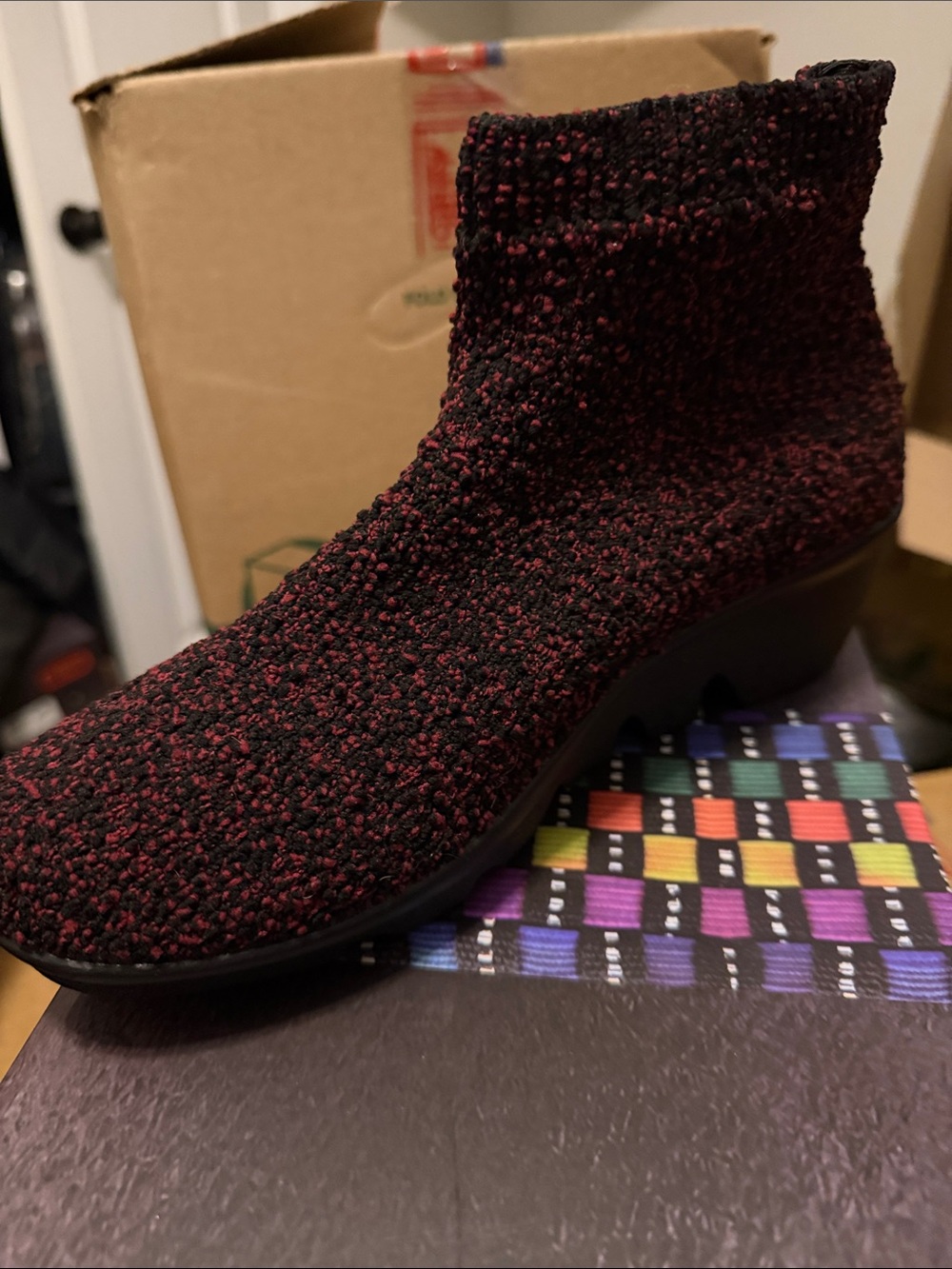 bernie mev. Camryn Knit Ankle Boot in Burgundy and Black